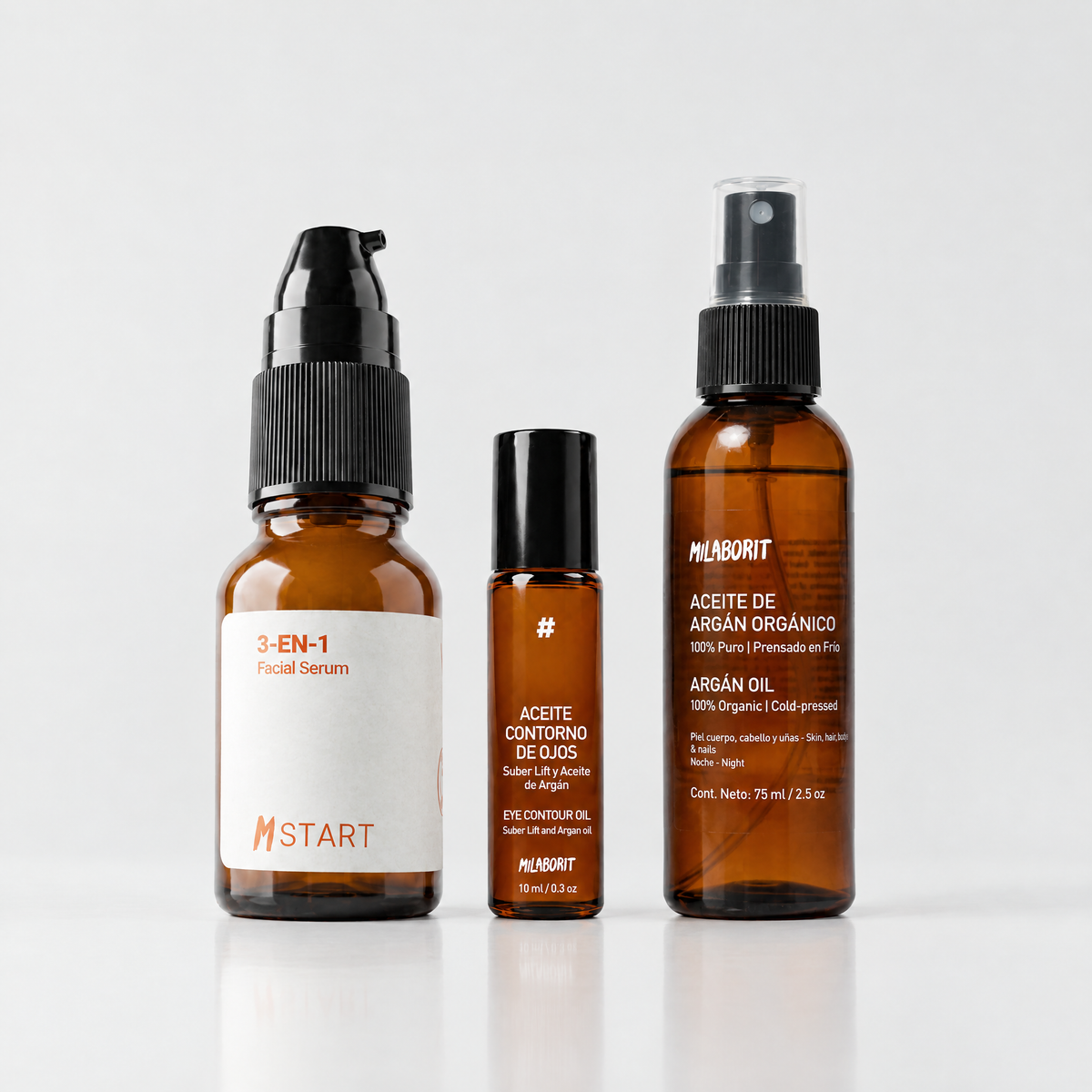 Kit Líneas Finas Milaborit: 3-EN-1 Serum, Aceite Contorno de Ojos Roll-on y Aceite de Argán