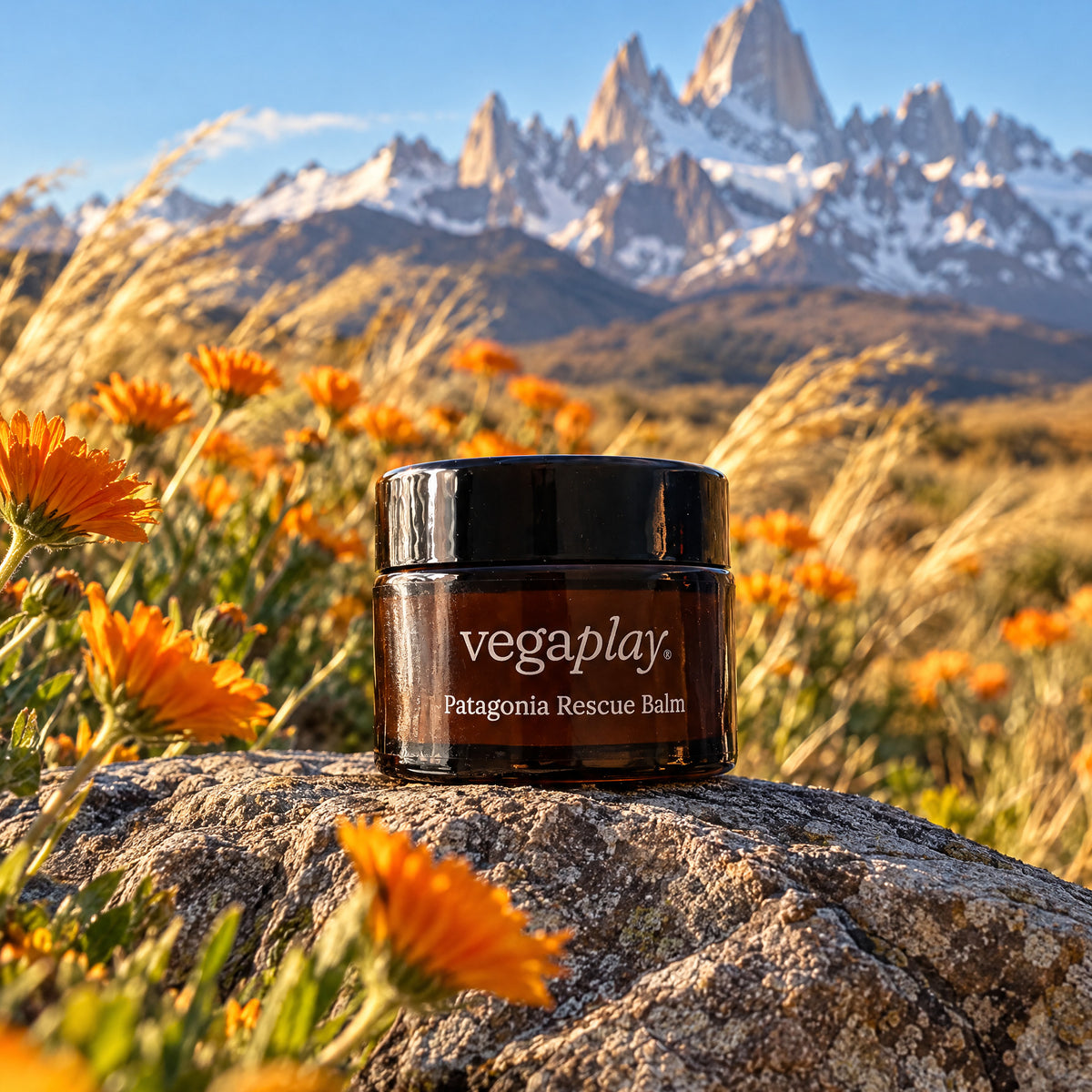 Patagonia Rescue Balm entre caléndulas, con el Fitz Roy de fondo