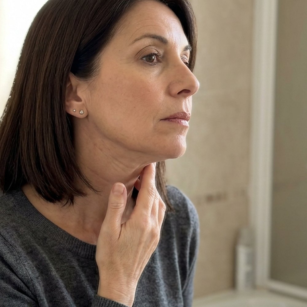 Mujer frente al espejo tocándose el cuello