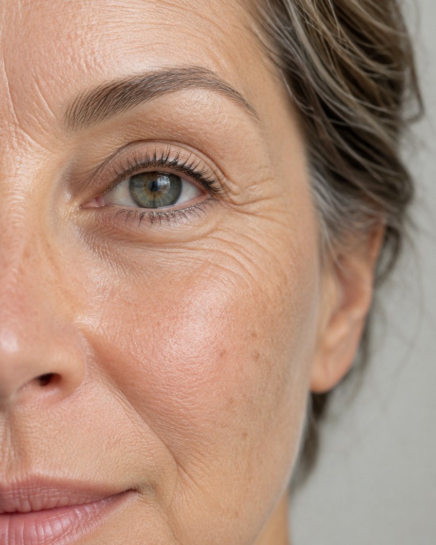 Primer plano del contorno de ojo de una piel adulta con líneas finas visibles